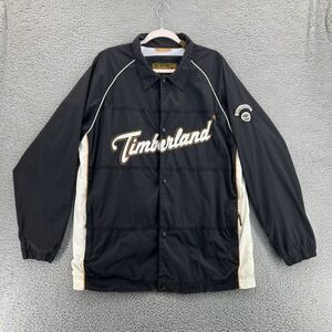 TIMBERLAND WeatherGear Spellout Windbreaker Jacket‎ Mens L Lined Pockets Black